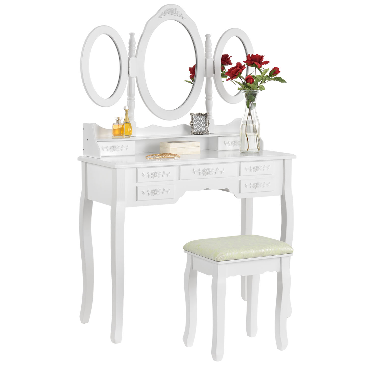 Salon Schminktisch Romance - Kosmetik Arbeitstisch mit 3 Spiegeln & Hocker